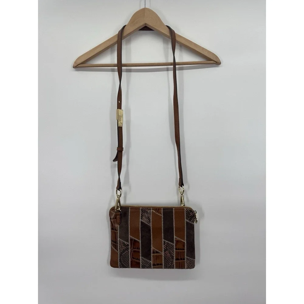 Genuine Leather Crossbody Bag Brown Medium Patchwork Snakeskin Boho Western